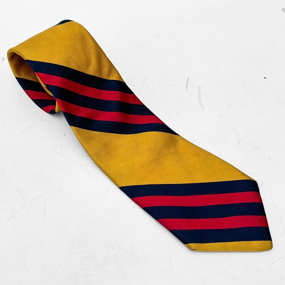 VTG Private Stock Mens Silk Rep Tie Yellow Navy Blue Red Striped Made in USA